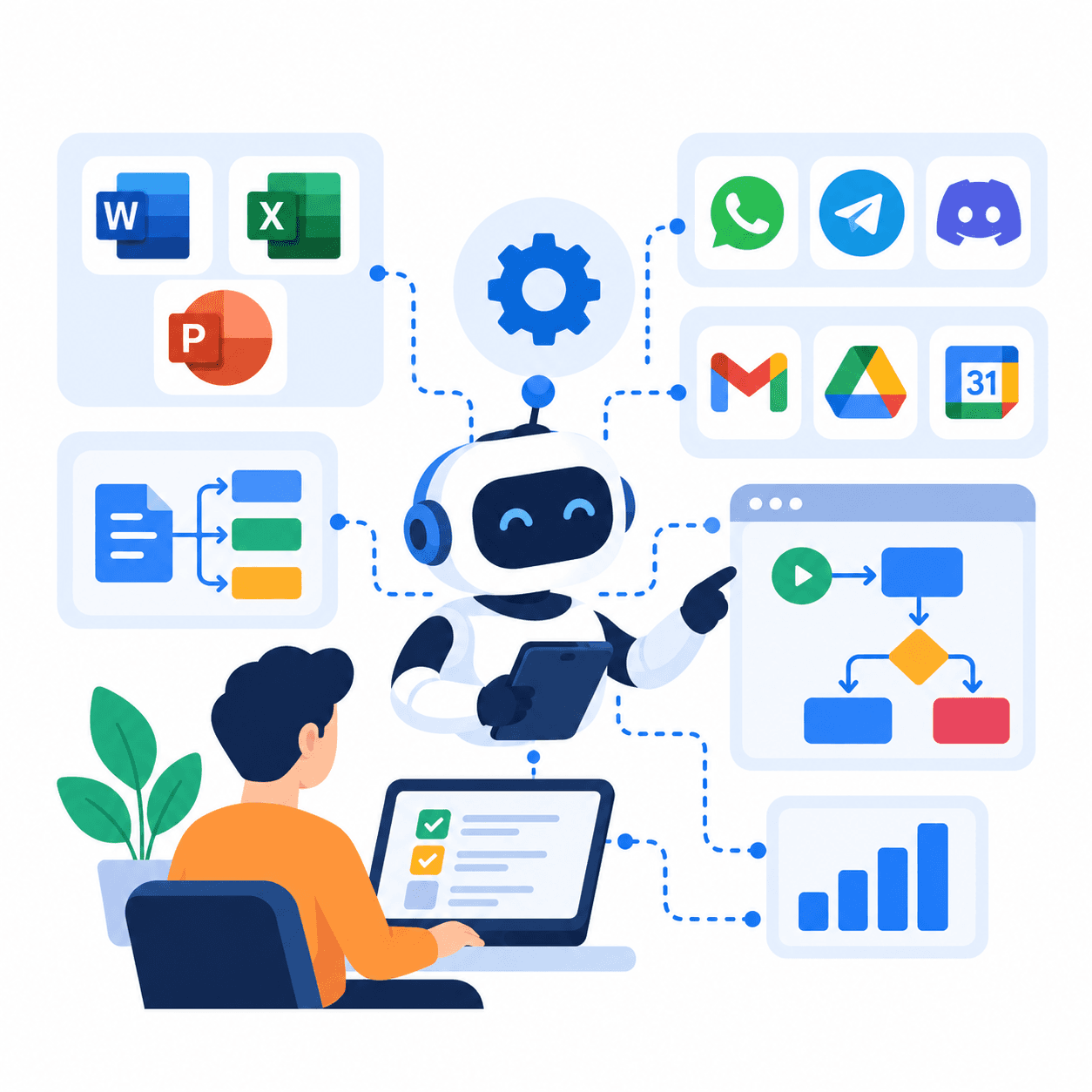 Alur informasi dari pesan, email, dan dokumen yang diproses menjadi pencatatan data, tindak lanjut, dan jadwal otomatis